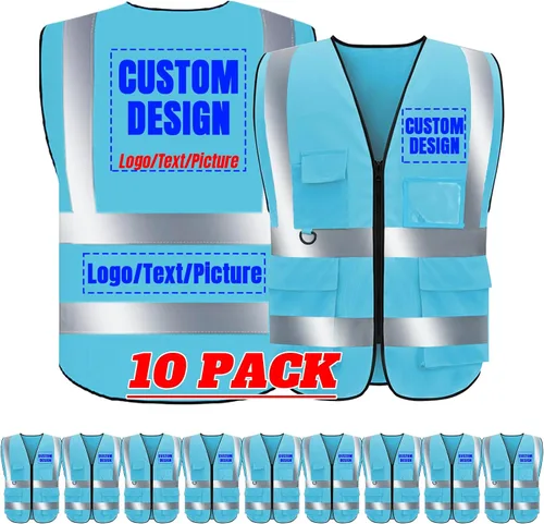 Vista 8 de BeautyWill Chaleco de seguridad con logotipo personalizado Class2 Chaleco reflectante de alta visibilidad con bolsillos y cremallera chaleco
