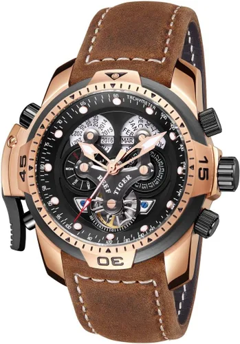 Vista 2 de REEF TIGER Relojes militares para hombres Correa de cuero Reloj deportivo complicado Relojes automáticos RGA3503 (RGA3503-PBSB1), RGA3503-PBSB1