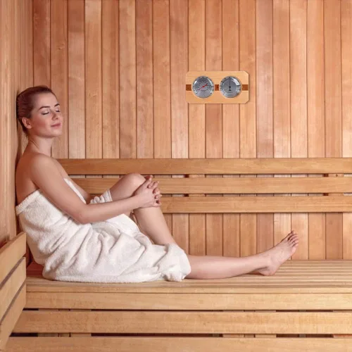 Vista 6 de Higrotermógrafo de madera para sauna 2 en 1 termómetro higrómetro pantalla de doble dial temperatura humedad medidor herramienta Sauna habitación