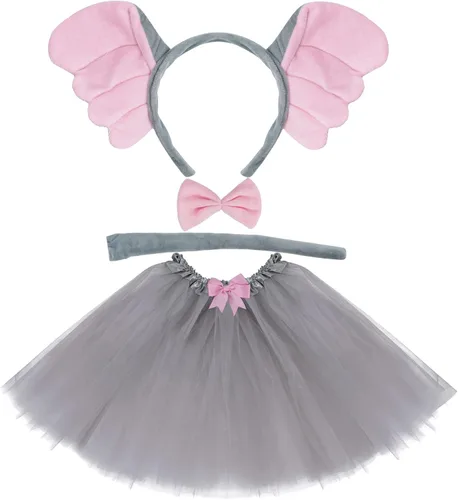 Vista 8 de Dxhycc Conjunto de disfraz de elefante gris, diadema con orejas de elefante, corbatín y cola de tutú para disfraz de animales, kit de disfraz