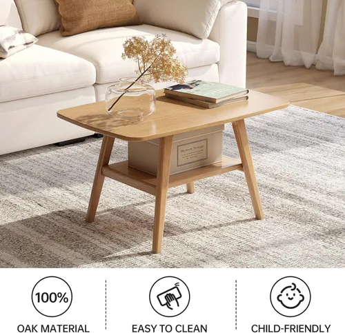 Vista 3 de Mesa de centro 100% de madera de roble maciza para sala de estar, mesa pequeña con almacenamiento en estantes, mesas de centro modernas de mediados