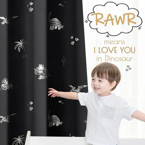 Vista 3 de Vangao - Cortinas para niños con impresión de dinosaurio en negro, cortinas opacas para guardería, habitación de niñas y niños, estampado plateado