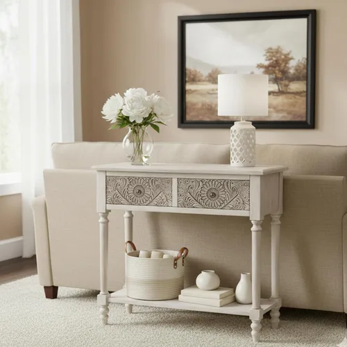 Vista 8 de HOMPUS Mesa consola con 2 cajones y 1 estante, mesa de entrada rectangular estrecha, mesa de sofá decorativa antigua y contemporánea para sala
