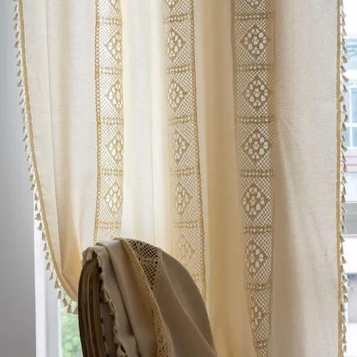 Vista 20 de Deeprove - Cortinas bohemias de 63 pulgadas de largo para dormitorio, rayas de lunares de punto hueco beige y patchwork de algodón y lino crema