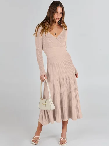 Vista 3 de ANRABESS Vestido midi cruzado tipo suéter para mujer, manga larga, cuello en V, cintura alta, acanalado, plisado, vestido acampanado