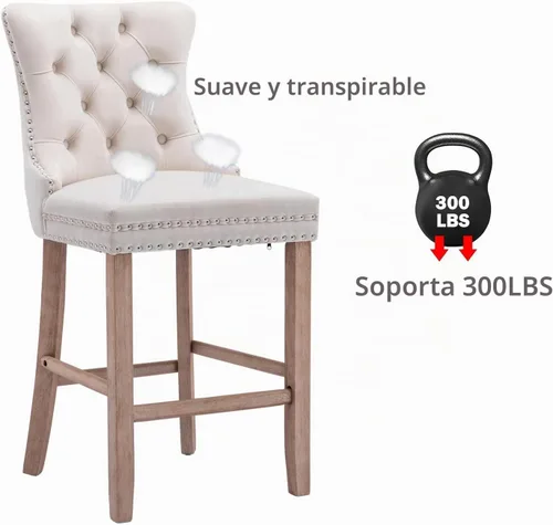 Vista 6 de Juego de 2 taburetes de bar con altura de mostrador, asiento de 26.3 Taburetes de bar beige