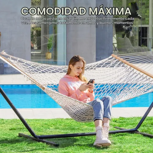Vista 2 de PNAEUT Hamaca de doble cuerda con soporte incluido, soporte resistente de 12 pies, hamacas tradicionales de cuerda de algodón para 2 personas