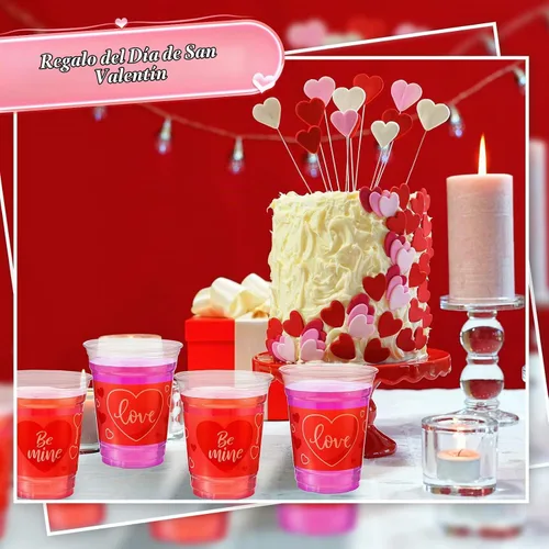 Vista 5 de Meanplan 100 vasos de plástico de San Valentín de 12 onzas a granel, vasos de San Valentín a granel, vasos de corazón rosa, suministros de fiesta