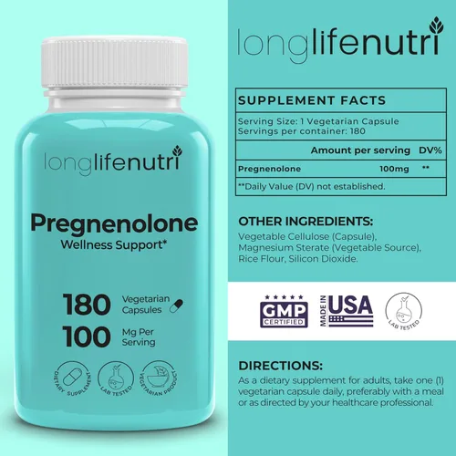 Vista 2 de Pregnenolone - Soporte para el cerebro y las hormonas - 180 cápsulas vegetales para mejorar la memoria, la concentración y la vitalidad - Fabricado