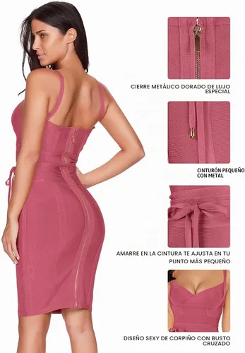 Vista 3 de meilun Vestido de fiesta ajustado con vendaje y detalle de cinturón de rayón para mujer Rosa (Antique Pink)