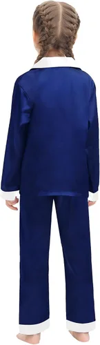 Vista 6 de SWOMOG Conjunto de pijama de satén para niños y niñas, ropa de dormir de manga larga con botones, conjunto de 2 piezas de ropa de descanso