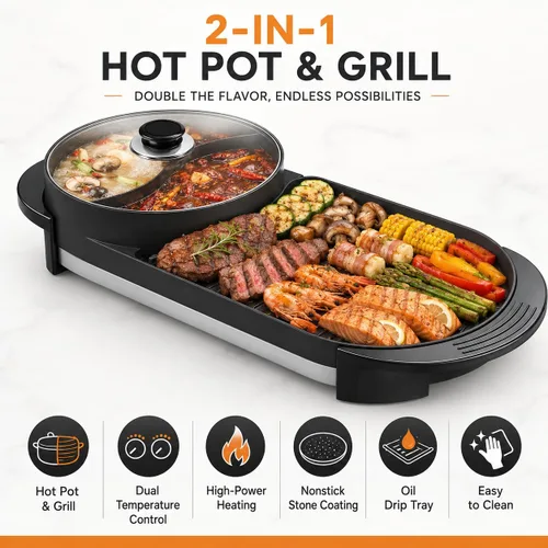 Vista 8 de SEAAN Olla caliente con parrilla, parrilla eléctrica para interiores, Shabu Shabu Shabu Pot coreana sin humo, doble temperatura contral, capacidad