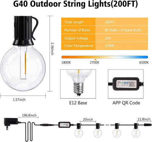 Vista 7 de Cadena de luces LED inteligentes G40 de 200 pies para exteriores