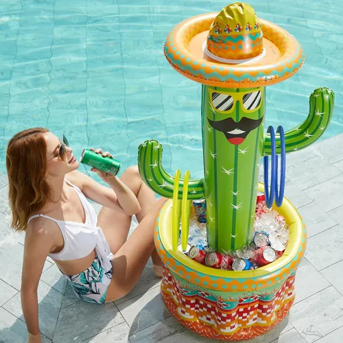 Vista 5 de Jasonwell Hielera inflable para fiesta en la piscina – Cubo de hielo de cactus para fiesta de Luau hawaiano tropical playa temática cumpleaños