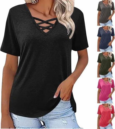 Vista 12 de Camisetas de verano para mujer, cuello en V entrecruzado, manga corta, holgadas, elegantes, casuales, básicas, suaves