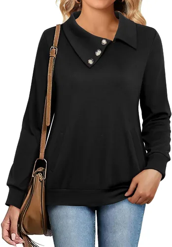 Vista 2 de Unixseque Camisetas de manga larga para mujer, cuello de solapa, cuello en V, túnica casual con botones, con bolsillo, sudadera sólida de moda