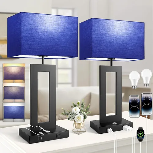 Vista 20 de Kondras Juego de 2 lámparas de mesa para dormitorios, 3 temperaturas de color, control táctil, lámparas de noche con 2 puertos USB y salida de CA