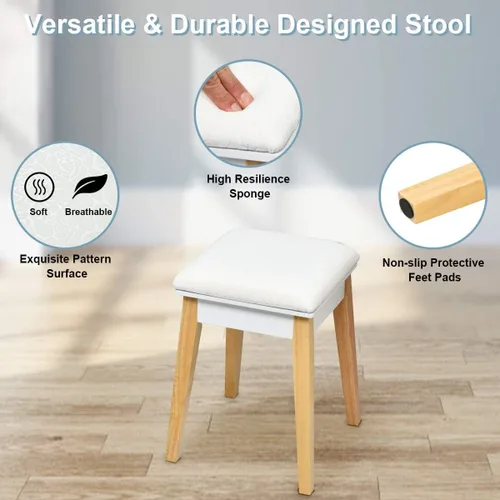 Vista 7 de LUARANE - Juego de tocador de tocador, tocador de madera con espejo abatible y taburete acolchado, aplicación multifuncional para dormitorio, baño
