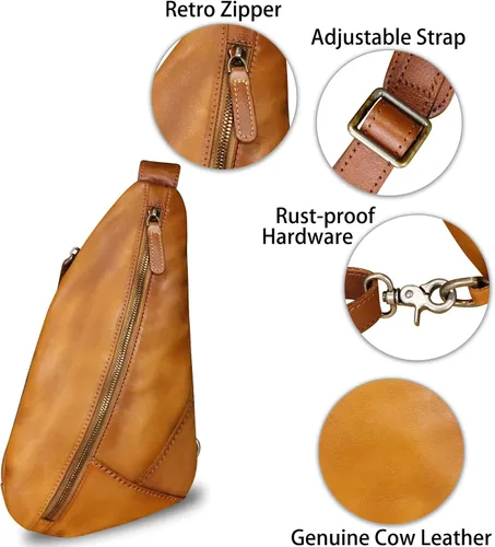 Vista 6 de Bolso bandolera de cuero genuino para motocicleta, bolso hecho a mano, mochila de senderismo, mochila de hombro retro vintage, Marrón claro , M