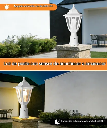 Vista 4 de FUDESY Luz de poste para exteriores del atardecer al amanecer, linterna exterior moderna blanca con base de montaje en muelle, lámpara impermeable