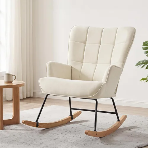 Vista 12 de Furniliving Silla mecedora para guardería, base de madera maciza de tela de Gris