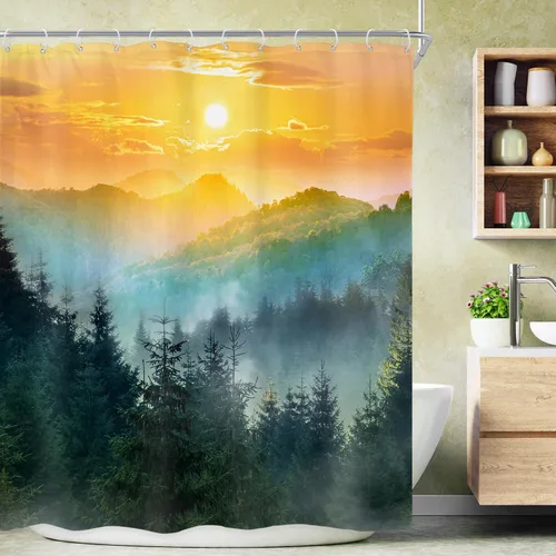 Vista 22 de Riyidecor - Cortina para ducha pequeña de montaña, 36 pulgadas de ancho x 72 pulgadas de alto, para RV, azul marino, con diseño de bosque nebuloso