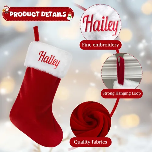 Vista 3 de Ulico Medias personalizadas de Navidad, medias familiares con nombre personalizado, media grande de terciopelo rojo de 20" con puño suave de felpa