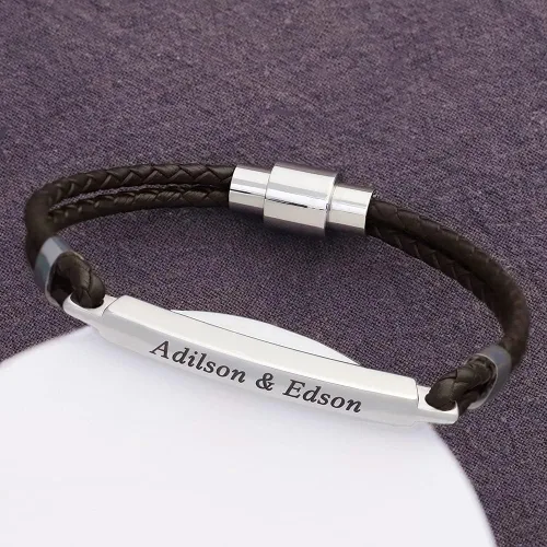 Vista 3 de Pulsera personalizada para hombres - Pulsera de cuero trenzado negro personalizada con nombre grabado para esposo novio pulseras para hombres, Sin