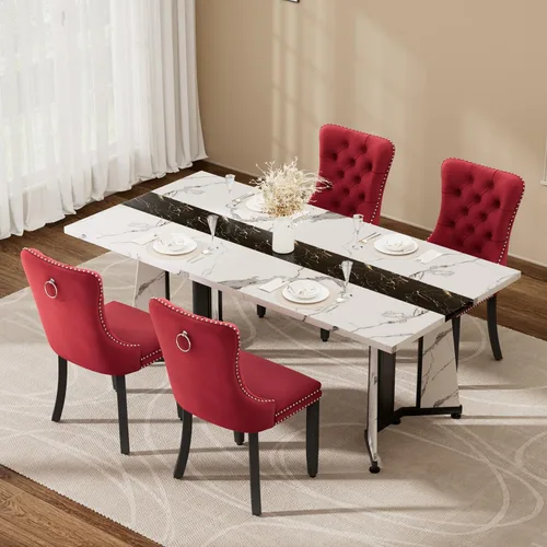 Vista 26 de Juego de mesa de comedor de 5 piezas con 4 sillas, mesa de comedor rectangular de madera de 71 pulgadas con sillas de comedor de terciopelo, tablero