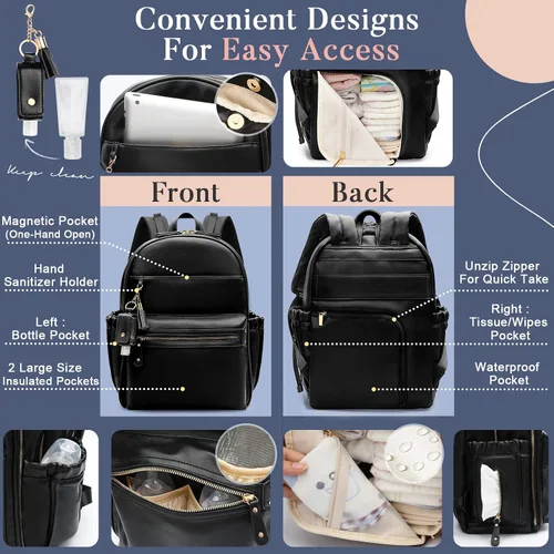 Vista 6 de miss fong Bolsa de pañales de cuero para pañales, bolsa de pañales de gran capacidad, bolsa de hospital, bolsa de pañales para bebé con cambiador