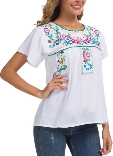 Vista 9 de YZXDORWJ - Blusa mexicana bordada para mujer - Camisa de verano manga corta