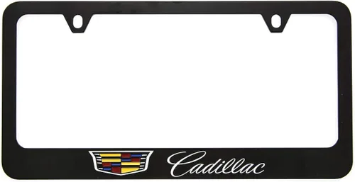 Vista 3 de Cadillac con Crest marco de matrícula de zinc con acabado negro brillante (2 agujeros)
