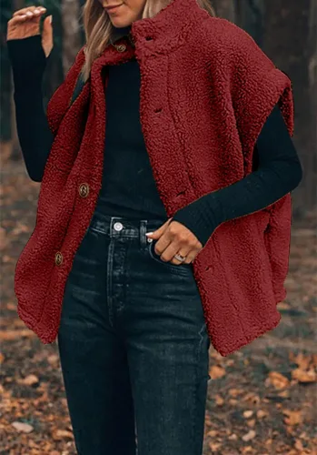 Vista 3 de Hongqizo - Chaleco de forro polar mullido para mujer, casual, de gran tamaño, cálido, con botones, chaqueta de sherpa con bolsillos