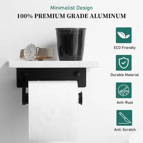 Vista 3 de Soporte de papel higiénico de aluminio negro mate Hoimpro con estante de mármol natural blanco, soporte de almacenamiento de rollo de papel de mano
