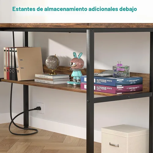 Vista 6 de Escritorio reversible en forma de L para computadora con tomas de corriente y puertos de carga USB, escritorios esquineros resistentes con estante