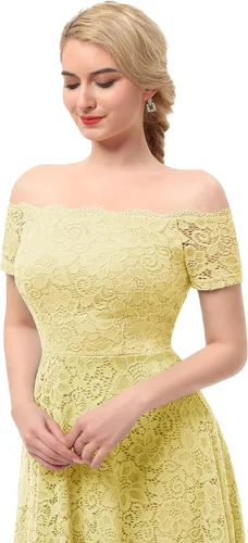 Vista 4 de Dressystar - Vestido de encaje para mujer, vestido asimétrico con vuelo y hombros descubiertos ideal para cóctel, dama de honor, fiesta formal