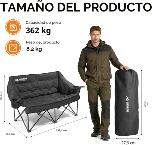 Vista 2 de Huskfirm Silla de campamento doble acolchada, silla de campamento resistente para 2 personas, silla de campamento de gran tamaño con portavasos