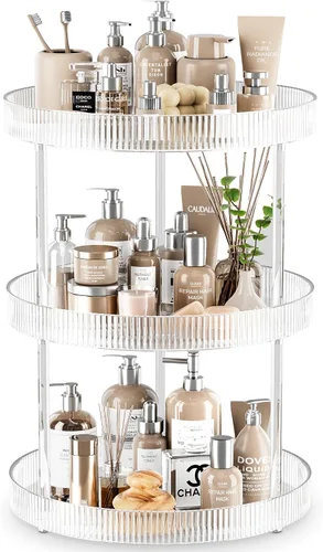 Vista 11 de Bandeja de almacenamiento giratoria transparente de 360°, organizador de encimera de baño Lazy Susan de 2 niveles, organizador de cosméticos