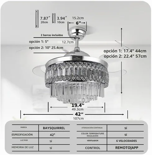 Vista 7 de Ventilador de techo retráctil de cristal con luces, ventilador de techo Bluetooth con altavoz, cuchillas reversibles de 6 velocidades, luz LED RGB