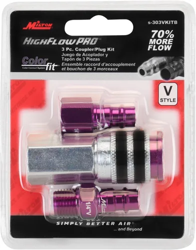 Vista 2 de Colorfit by Milton Kit de Acoplador y Tapón (Estilo V/Alto Flujo) con Topes de Goma – Accesorios de Manguera de Conexión Rápida NPT de 1/4
