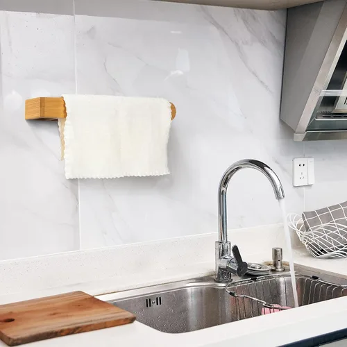 Vista 5 de Toallero de bambú autoadhesivo – Anillo de toalla de mano sin perforación, agarre fuerte, autoadhesivo, barra de toalla de baño, toallero de bambú