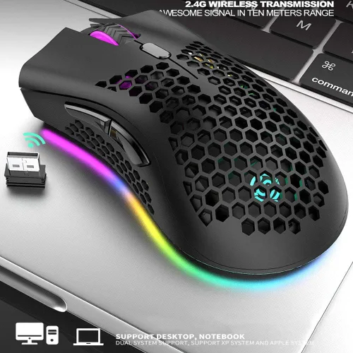 Vista 8 de Mouse ligero para juegos, mouse inalámbrico recargable para juegos con receptor USB, retroiluminación RGB, mouse de computadora para computadora