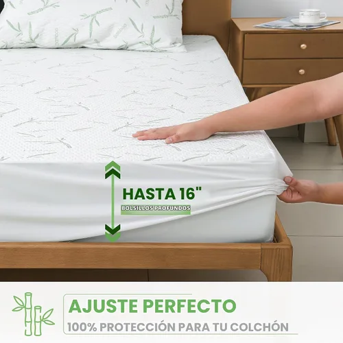 Vista 4 de Hannah Linen Protector de colchón de bambú, 100% impermeable, funda de colchón individual – Funda de colchón de bolsillo profundo ajustable de hasta