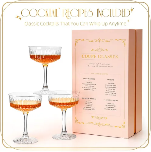 Vista 5 de VIMERPA Copas de Cupé, Juego de 4 Copas de Martini, Copas de Champán Vintage, Copa de Martini Grande de 8oz, Copa de Cóctel de Estilo Retro