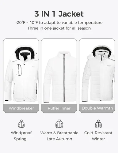 Vista 3 de Wantdo - Chamarra impermeable de esquí 3 en 1 para hombre, abrigo acolchonado para nieve