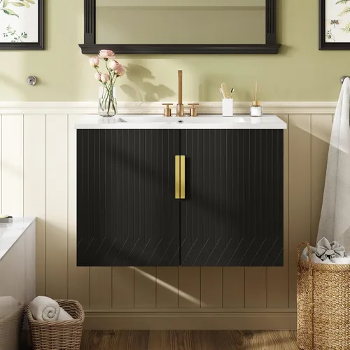 Vista 8 de Polibi Tocador de baño de 30 pulgadas con 3 agujeros, fregadero de cerámica individual y gabinete de madera maciza, tocador de diseño vintage