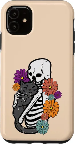 Vista 5 de iPhone 15 esqueleto abrazando flores de gato negro Halloween mujeres niñas caso