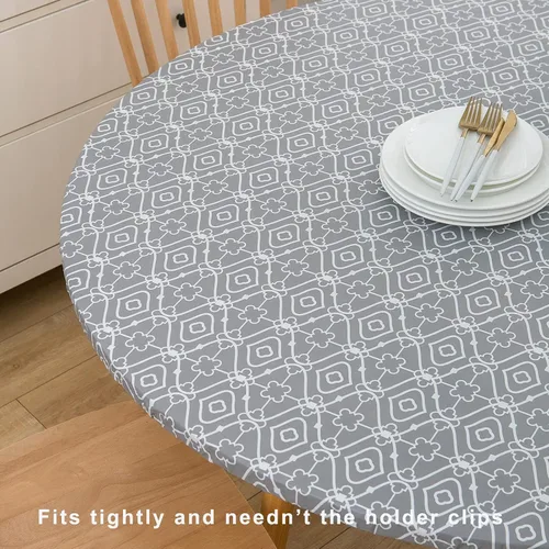 Vista 3 de LIBERECOO - Mantel redondo de vinilo ajustable con reverso de franela y borde elástico, impermeable, resistente a las manchas y lavable, cubierta