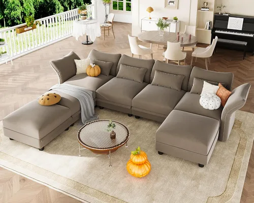 Vista 28 de LLappuil Sofá modular de terciopelo en forma de L con almacenamiento, sofá moderno de 5 plazas de 127.8 pulgadas con diván, sofás reclinables de Azul