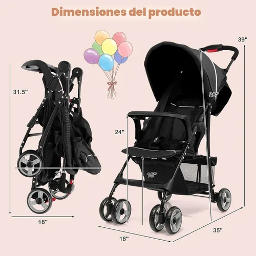 Vista 8 de HONEY JOY Cochecito de viaje, cochecito paraguas de bebé ligero de plegado rápido para avión, toldo y respaldo ajustables, canasta de Negro